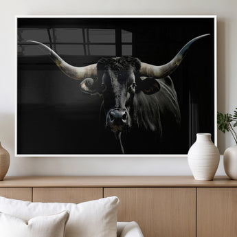 37531960-MGV-FP-36X24-3P_White-Black Longhorn Bull Wall Art – Dramatic Western Cattle Canvas Print, Rustic Farmhouse Animal Artwork for Living Room, Bedroom,