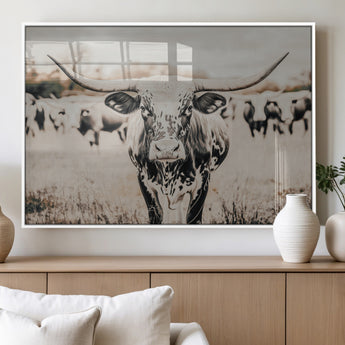 27497342-MGV-FP-60X30-3P_White-Texas Longhorn Wall Art Canvas Print, Framed Speckled Cow Art Picture Print, Horned Cattle Perfect Rustic Western Decor Artwork