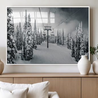 31156828-MGV-FP-36X24-3P_White-Snowy Pines Wall Art Canvas Print, Framed Ski Lift Art Picture Print, Winter Forest Perfect Moody Lodge Decor Artwork