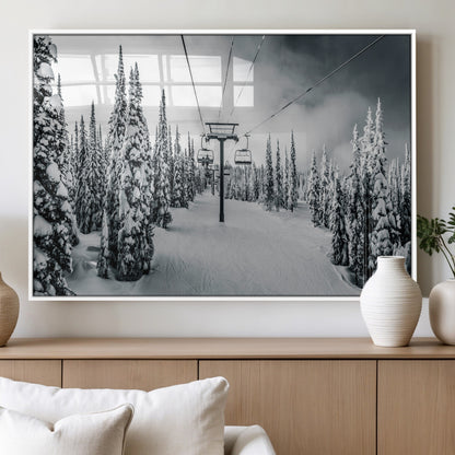 31156828-MGV-FP-60X30-3P_White-Snowy Pines Wall Art Canvas Print, Framed Ski Lift Art Picture Print, Winter Forest Perfect Moody Lodge Decor Artwork