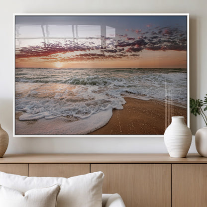 39846389-MGV-FP-60X30-3P_White-Ocean Sunset Wall Art Canvas Print, Framed Sandy Shore Art Picture Print, Gentle Waves Perfect Minimalist Coastal Decor Artwork