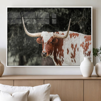 54027638-MGV-FP-36X24-3P_White-Texas Longhorn Wall Art Canvas Print, Framed Spotted Cow Art Picture Print, Horned Bull Perfect Rustic Western Decor Artwork