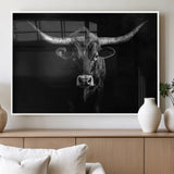 42077175-MGV-FP-36X24-3P_White-Texas Longhorn Wall Art Canvas Print, Framed Monochrome Bull Art Picture Print, Horned Bull Perfect Rustic Western Decor Artwork
