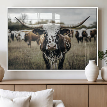79025945-MGV-FP-36X24-3P_White-Texas Longhorn Wall Art Canvas Print, Framed Speckled Cow Art Picture Print, Horned Cattle Perfect Rustic Western Decor Artwork
