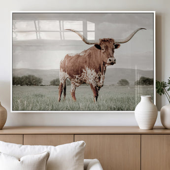 28309012-MGV-FP-36X24-3P_White-Texas Longhorn Wall Art Canvas Print, Framed Spotted Cattle Art Picture Print, Horned Bull Perfect Rustic Western Decor Artwork