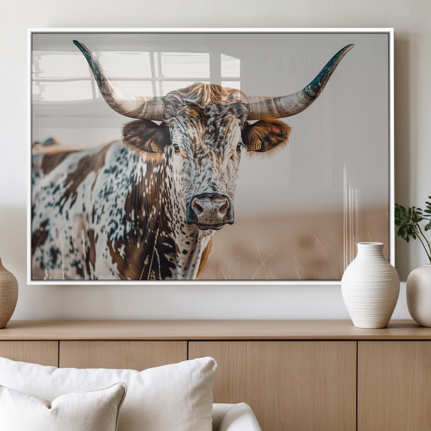 70414966-MGV-FP-36X24-3P_White-Texas Longhorn Wall Art Canvas Print, Framed Speckled Cow Art Picture Print, Horned Bull Perfect Rustic Western Decor Artwork