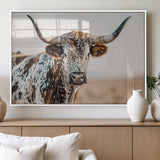70414966-MGV-FP-36X24-3P_White-Texas Longhorn Wall Art Canvas Print, Framed Speckled Cow Art Picture Print, Horned Bull Perfect Rustic Western Decor Artwork