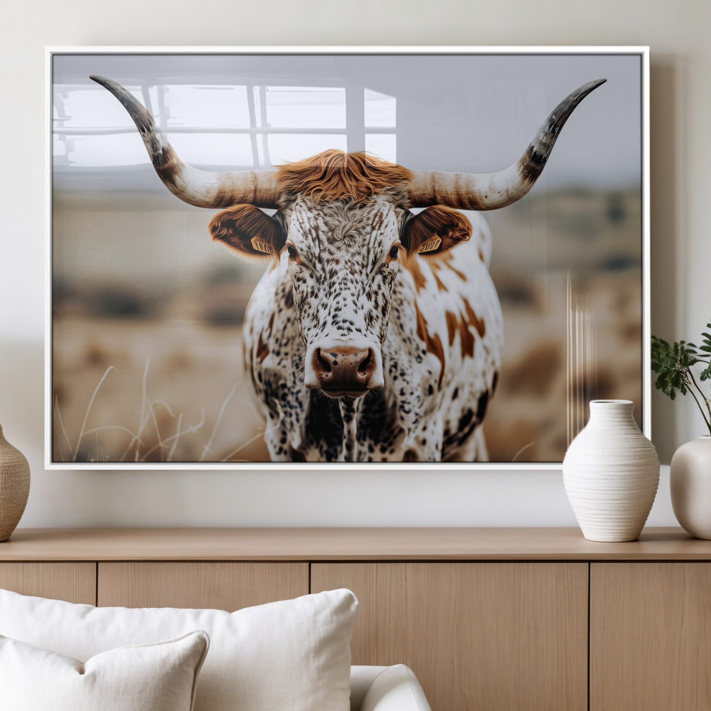76294381-MGV-FP-36X24-3P_White-Texas Longhorn Wall Art Canvas Print, Framed Spotted Cow Art Picture Print, Horned Cattle Perfect Rustic Western Decor Artwork