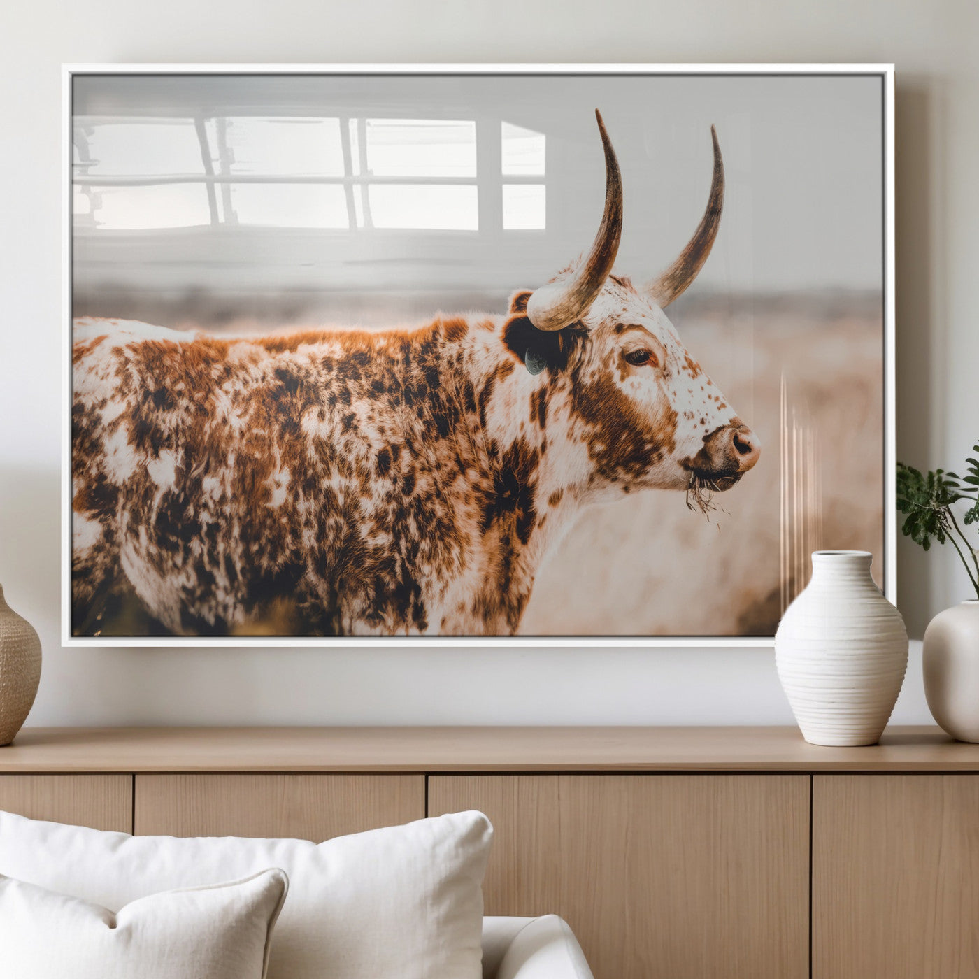 11528295-MGV-FP-36X24-3P_White-Speckled Longhorn Wall Art Canvas Print, Framed Texas Cattle Art Picture Print, Horned Cow Perfect Rustic Western Decor Artwork