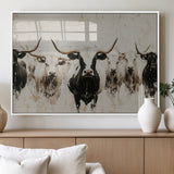 12027562-MGV-FP-36X24-3P_White-Longhorn Cattle Wall Art Canvas Print, Framed Bison Herd Art Picture Print, Cattle Group Perfect Rustic Farmhouse Decor Artwork