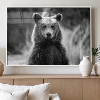 MGV-FP-36X24-3P - Grizzly Bear Wall Art Canvas Print, Framed Black White Bear Art Picture Print, Wild Bear Perfect Rustic Wildlife Decor Artwork