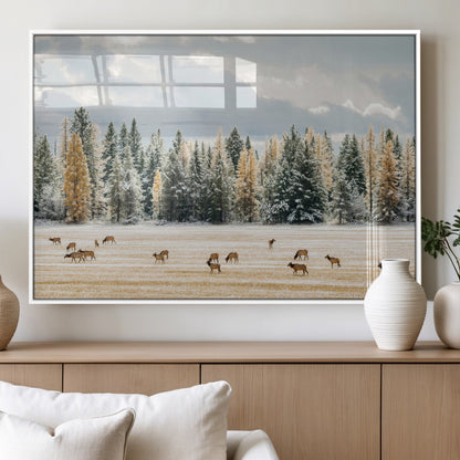 64188182-MGV-FP-36X24-3P_White-Elk Herd Wall Art Canvas Print, Framed Snowy Forest Art Picture Print, Forest Elks Perfect Neutral Rustic Decor Artwork