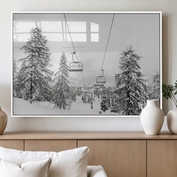 55003599-MGV-FP-36X24-3P_White-Snowy Ski Lift Wall Art Canvas Print, Framed Winter Forest Art Picture Print, Ski lift Ride Perfect Winter Lodge Decor Artwork