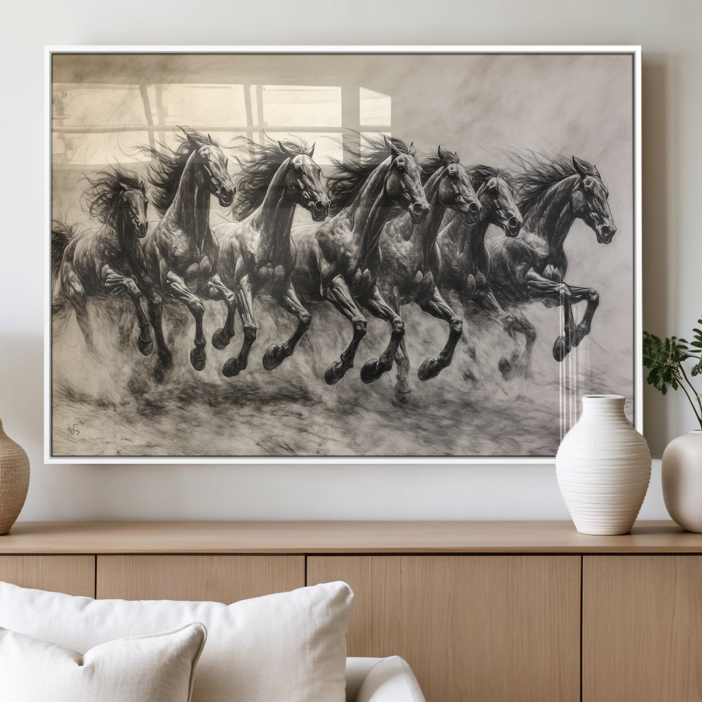 56089591-MGV-FP-60X30-3P_White-Galloping Horses Wall Art Canvas Print, Framed Wild Stallions Art Picture Print, Horse Herd Sketch Perfect Monochrome Dynamic