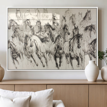 19433417-MGV-FP-36X24-3P_White-Running Horses Wall Art Canvas Print, Framed Horse Sketch Art Picture Print, Galloping Herd Perfect Monochrome Western Decor