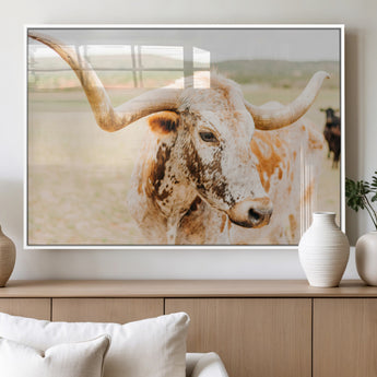 21060648-MGV-FP-36X24-3P_White-Texas Longhorn Wall Art Canvas Print, Framed Speckled Cow Art Picture Print, Rustic Bull Perfect Rustic Western Decor Artwork
