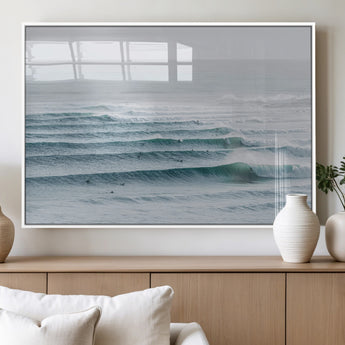 73969318-MGV-FP-60X30-3P_White-Ocean Waves Wall Art Canvas Print, Framed Surfer Lineup Art Picture Print, Crowded Ocean Perfect Minimal Coastal Decor Artwork