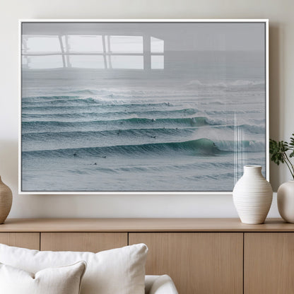 73969318-MGV-FP-60X30-3P_White-Ocean Waves Wall Art Canvas Print, Framed Surfer Lineup Art Picture Print, Crowded Ocean Perfect Minimal Coastal Decor Artwork