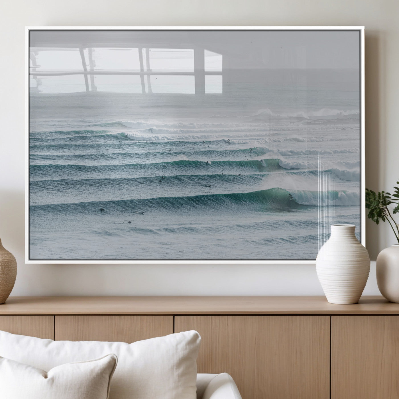 73969318-MGV-FP-36X24-3P_White-Ocean Waves Wall Art Canvas Print, Framed Surfer Lineup Art Picture Print, Crowded Ocean Perfect Minimal Coastal Decor Artwork