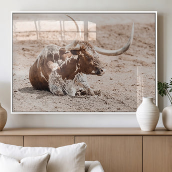 25407592-MGV-FP-60X30-3P_White-Texas Longhorn Wall Art Canvas Print, Framed Resting Bull Art Picture Print, Spotted Cattle Perfect Rustic Western Decor Artwork