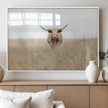 20927060-MGV-FP-60X30-3P_White-Texas Longhorn Wall Art Canvas Print, Framed Lone Cattle Art Picture Print, Longhorn Bull Perfect Rustic Western Decor Artwork