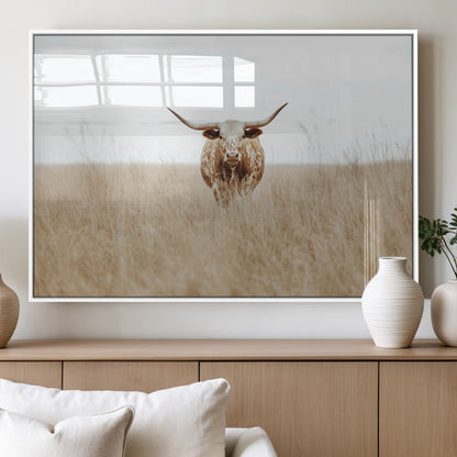 20927060-MGV-FP-60X30-3P_White-Texas Longhorn Wall Art Canvas Print, Framed Lone Cattle Art Picture Print, Longhorn Bull Perfect Rustic Western Decor Artwork