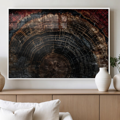 43686762-MGV-FP-36X24-3P_White-Dark Wood Ring Wall Art Canvas Print, Framed Abstract Wood Tree Art Picture Print, Rustic Tree Slice Perfect Rustic Decor Artwork