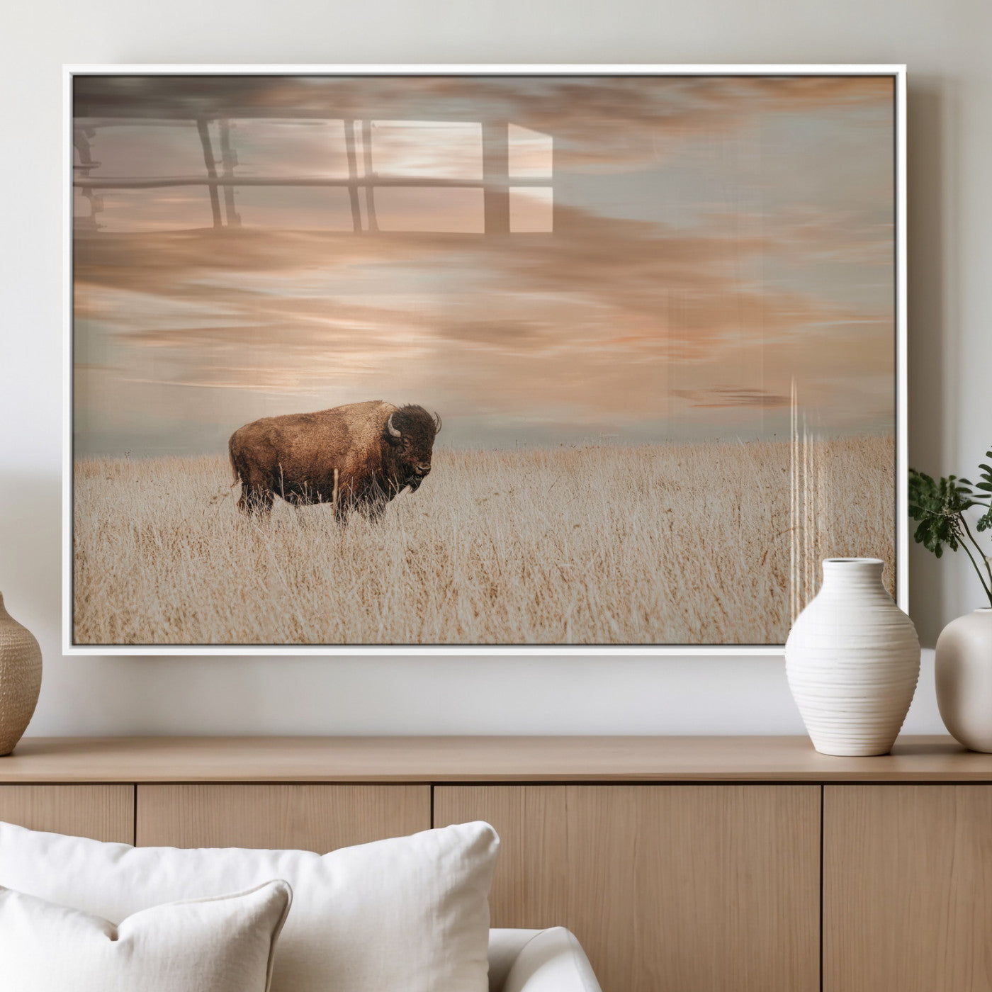 87282289-MGV-FP-36X24-3P_White-Bison Wall Art Canvas Print, Framed Buffalo Art Picture Print, Western Prairie Perfect Rustic Decor Artwork