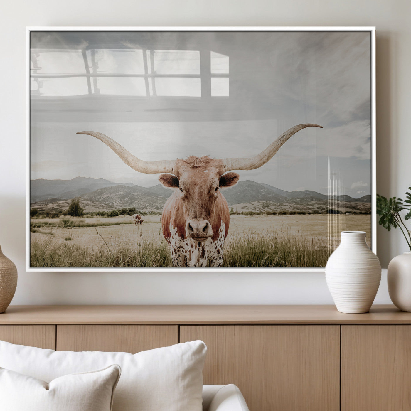 80054319-MGV-FP-36X24-3P_White-Longhorn Wall Art – Rustic Western Canvas Print, Majestic Bull Artwork for Farmhouse, Ranch or Living Room