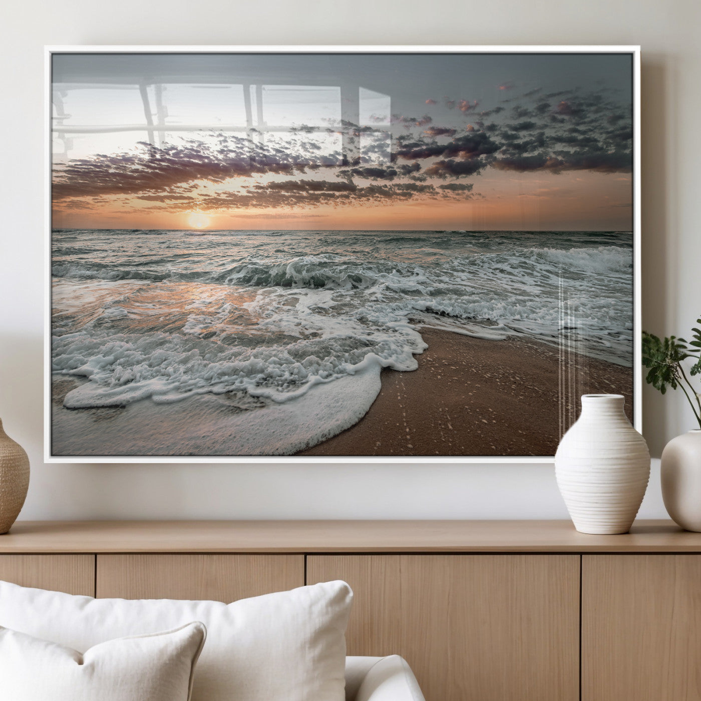 40632752-MGV-FP-36X24-3P_White-Ocean Sunset Wall Art Canvas Print, Framed Beach Waves Art Picture Print, Coastal Scene Perfect Coastal Decor Artwork