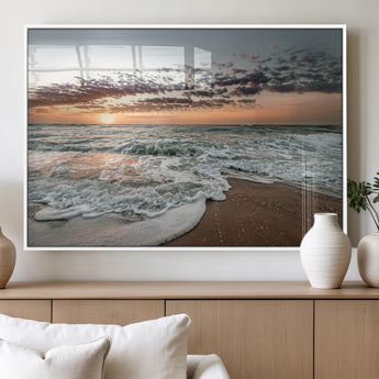 40632752-MGV-FP-36X24-3P_White-Ocean Sunset Wall Art Canvas Print, Framed Beach Waves Art Picture Print, Coastal Scene Perfect Coastal Decor Artwork