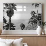 89458520-MGV-FP-60X30-3P_White-Palm Trees Wall Art Canvas Print, Framed Coastal View Art Picture Print, Ocean Horizon Perfect Monochrome Coast Decor Artwork