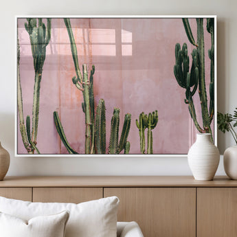 93119502-MGV-FP-60X30-3P_White-Tall Cactus Wall Art Canvas Print, Framed Pink Wall Art Picture Print, Cactus Lines Perfect Modern Desert Decor Artwork