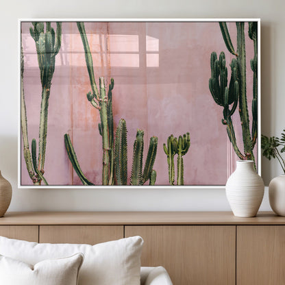 93119502-MGV-FP-36X24-3P_White-Tall Cactus Wall Art Canvas Print, Framed Pink Wall Art Picture Print, Cactus Lines Perfect Modern Desert Decor Artwork
