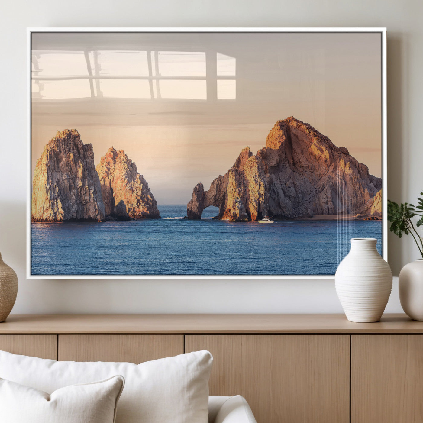 72996116-MGV-FP-60X30-3P_White-El Arco Wall Art Canvas Print, Framed Cabo Rocks Art Picture Print, Ocean Arch Perfect Golden Coastal Landmark Decor Artwork