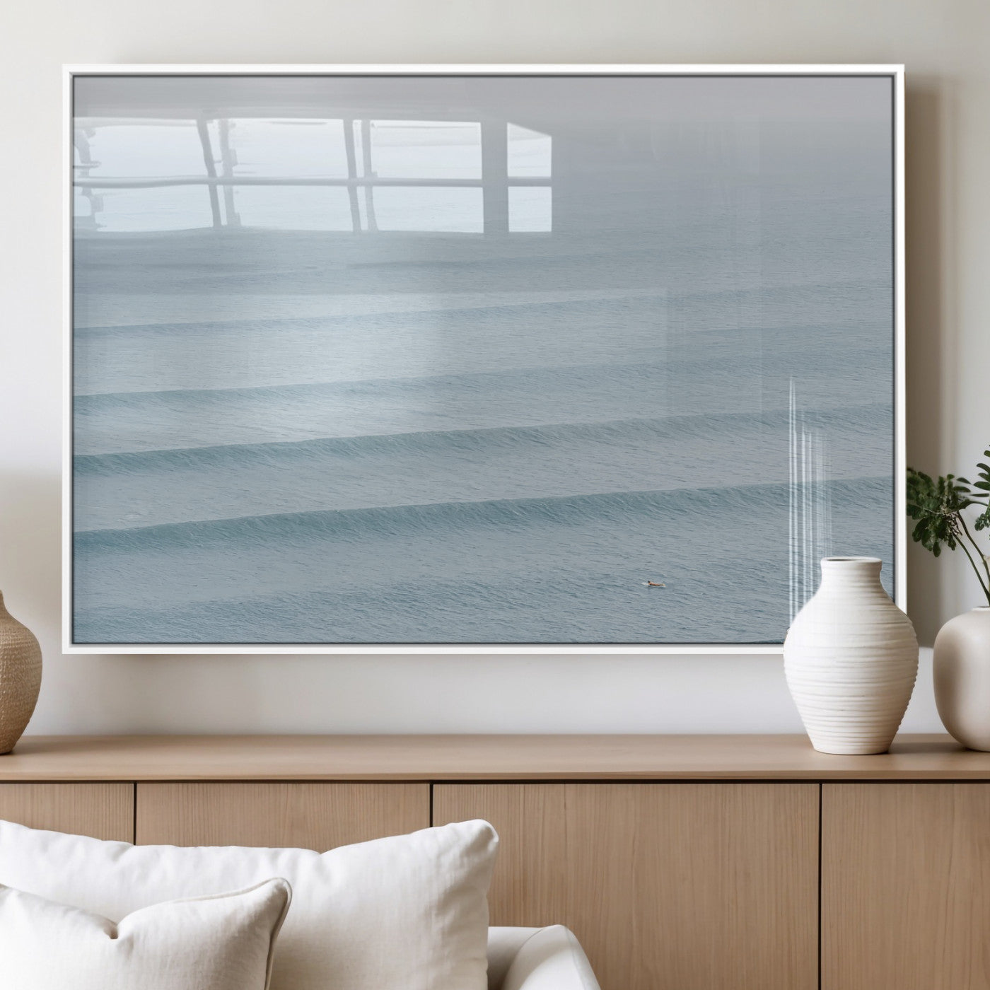 47814787-MGV-FP-60X30-3P_White-Ocean Waves Wall Art Canvas Print, Framed Solo Surfer Art Picture Print, Wave Lines Perfect Minimalist Ocean Decor Artwork
