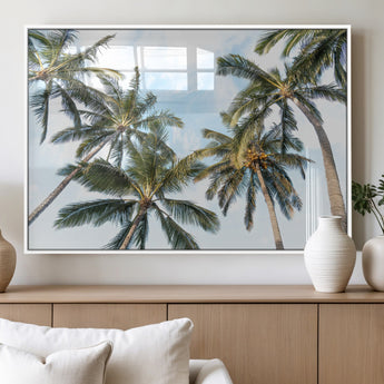 87247012-MGV-FP-60X30-3P_White-Skyward Palm Trees Wall Art Canvas Print, Framed Tropical Sky Art Picture Print, Coconut Palm Perfect Tropical Skyview Decor