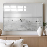 33449548-MGV-FP-60X30-3P_White-Group Surfers Wall Art Canvas Print, Framed Ocean Wave Art Picture Print, Surf Crowd Perfect Monochrome Surf Decor Artwork