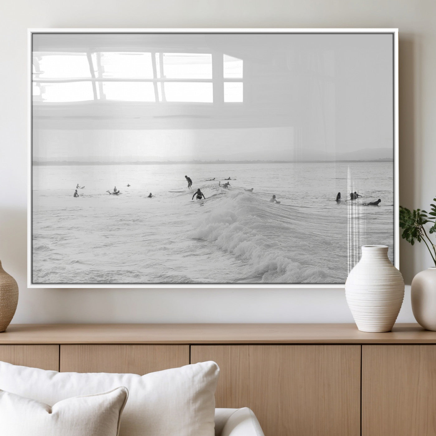 33449548-MGV-FP-36X24-3P_White-Group Surfers Wall Art Canvas Print, Framed Ocean Wave Art Picture Print, Surf Crowd Perfect Monochrome Surf Decor Artwork