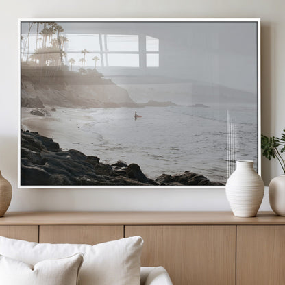 62501405-MGV-FP-60X30-3P_White-Misty Beach Wall Art Canvas Print, Framed California Surfer Art Picture Print, Coastal Cliff Perfect Coastal Beach Decor Artwork