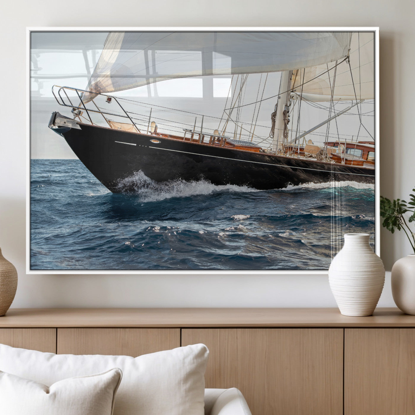 97168626-MGV-FP-60X30-3P_White-Sailing Yacht Wall Art Canvas Print, Framed Wooden Yacht Art Picture Print, Ocean Waves Perfect Nautical Coastal Decor Artwork
