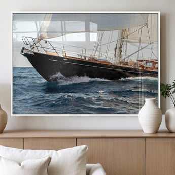 97168626-MGV-FP-60X30-3P_White-Sailing Yacht Wall Art Canvas Print, Framed Wooden Yacht Art Picture Print, Ocean Waves Perfect Nautical Coastal Decor Artwork