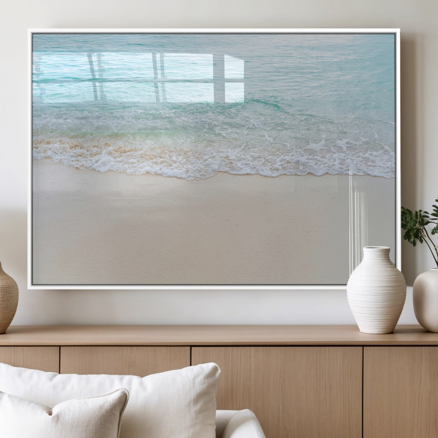 77194056-MGV-FP-60X30-3P_White-Soft Shoreline Wall Art Canvas Print, Framed Gentle Waves Art Picture Print, Clear Water Perfect Minimalist Coastal Decor Artwork