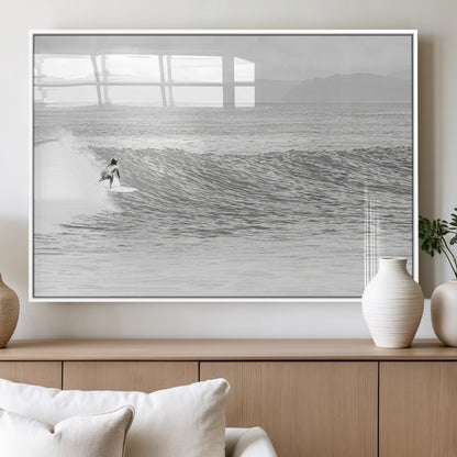 81535128-MGV-FP-60X30-3P_White-Surfer Woman Wall Art Canvas Print, Framed Black Ocean Art Picture Print, Ocean Surfing Perfect Monochrome Coastal Decor Artwork