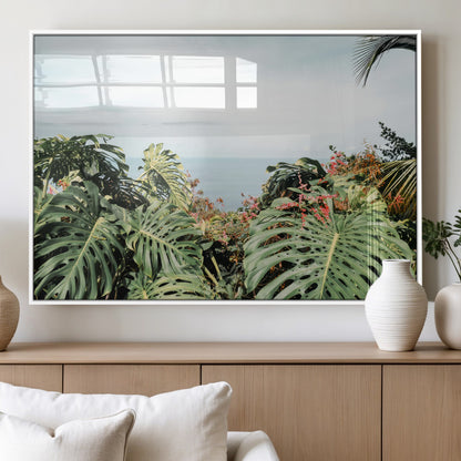 45700479-MGV-FP-60X30-3P_White-Monstera Leaves Wall Art Canvas Print, Framed Tropical Ocean Art Picture Print, Tropical Foliage Perfect Tropical Coastal Jungle