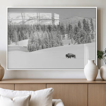 68081143-MGV-FP-36X24-3P_White-Snowy Bison Wall Art Canvas Print, Framed Winter Forest Art Picture Print, Lone Bison Perfect Monochrome Winter Wild Decor Artwork
