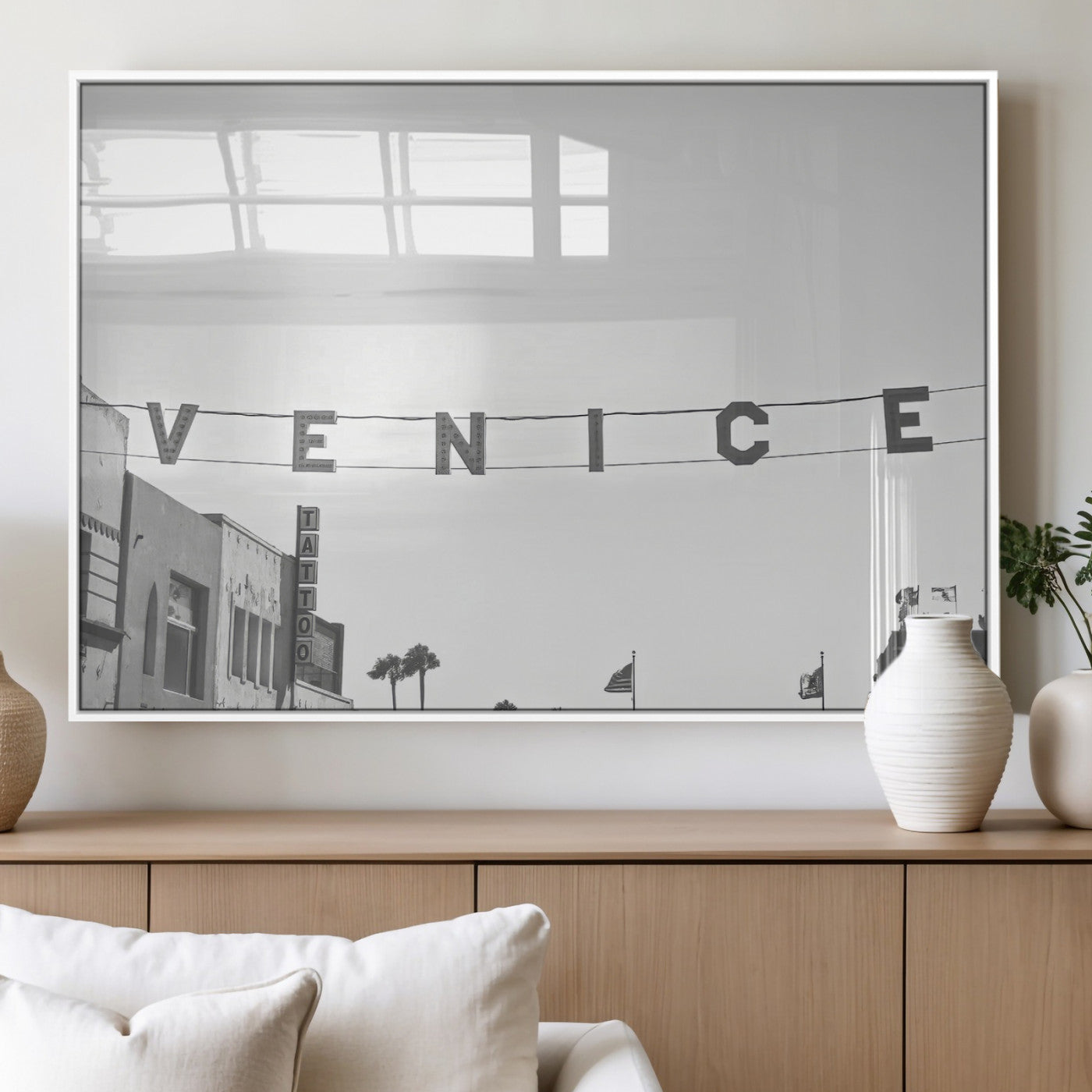 68254589-MGV-FP-60X30-3P_White-Venice Sign Wall Art Canvas Print, Framed Venice Letters Art Picture Print, Los Angeles Perfect Minimalist Urban Decor Artwork