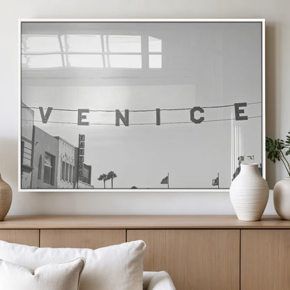 68254589-MGV-FP-60X30-3P_White-Venice Sign Wall Art Canvas Print, Framed Venice Letters Art Picture Print, Los Angeles Perfect Minimalist Urban Decor Artwork