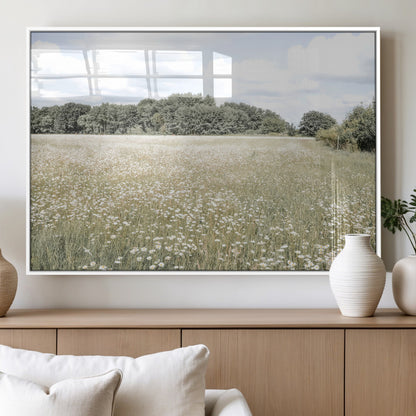 43258946-MGV-FP-60X30-3P_White-Daisy Field Wall Art Canvas Print, Framed Pastel Flower Art Picture Print, Meadow Bloom Perfect Scandinavian Minimalist Decor