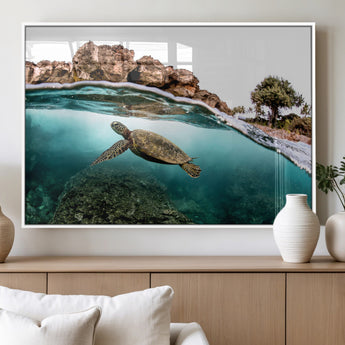44200301-MGV-FP-60X30-3P_White-Sea Turtle Swim Wall Art Canvas Print, Framed Ocean Life Art Picture Print, Tropical Shoreline Perfect Tropical Coastal Decor